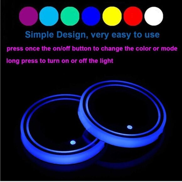 2 Pieces Led Car Cup Holder Coasters with 7 Colors USB Charging - Picture 3 of 5